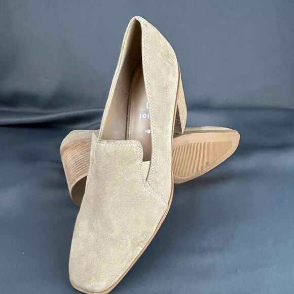 JOIE Wevenly Suede Leather Block Heel Shoes Tan Slip On Loafers Size 9.5 NEW - Picture 4 of 16